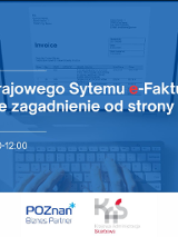 Grafika promocyjna szkolenia. W tle osoba siedzi przy biurku , widać w ekranie komputera elektroniczną fakturę.