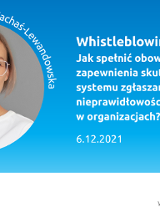 Z lewej - zdjęcie uśmiechniętej kobiety w okularach w okrągłej ramce, podpisane - Mirosława Zachaś-Lewandowska. Z prawej tytuł szkolenia: Whistleblowing - jak spełnić obowiązek zapewnienia skutecznego systemu zgłaszania nieprawidłowości w organizacjach? 6.12.2021. Na dole logotypy organizatorów: Poznań Biznes Partner i Waluta Wiedzy.