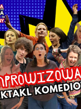 Plakat z grupowym zdjęciem aktorów, którzy robią śmieszne miny. Na plakacie informacje powtórzone w treści artykułu.