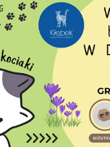 Plakat, który reklamuje wiosenny bazarek na rzecz kotów. Rysunek kota, ślady kocich łapek, napisy informujące o wydarzeniu.