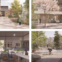 Wizualizacja przestrzeni przed CK Zamk: drzewo, stół z krzesłami, fontanna, kiosk.