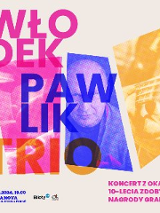 plakat to trzy zdjęcia: środkowe w kolorze fioletowym przedstawia wykonawce, po prawej żółte fragment fitary a po lewej rózowe malo widoczne bo zasłania je tytuł