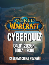 Zrzut ekranu z gry przedstawia kamienny łuk z rzeźbionym wężem i dwoma postaciami z mieczami. Na środku logo gry World of Warcraft.