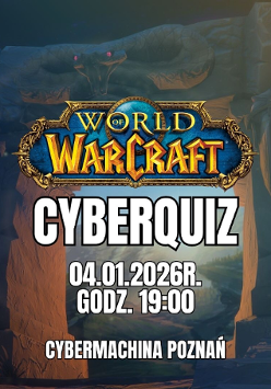 Zrzut ekranu z gry przedstawia kamienny łuk z rzeźbionym wężem i dwoma postaciami z mieczami. Na środku logo gry World of Warcraft.