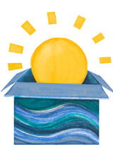 Niebieskie pudełko a z niego wychodzi żółte słońce.