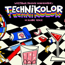 Plakat utrzymany jest w stylu pop-artowym z jasnymi, nasyconymi kolorami. Na czarno-białym tle w szachownicę znajdują się kolorowe elementy graficzne, takie jak kula dyskotekowa z motywem mozaiki, farby, kredki, paleta malarska, koktajl w kieliszku, gumka do mazania oraz inne przedmioty. Tytuł "Technikolor" jest przedstawiony w dużej, białej czcionce z tęczowym cieniowaniem, co przyciąga uwagę i podkreśla dynamiczny charakter plakatu.