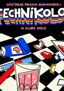 Plakat utrzymany jest w stylu pop-artowym z jasnymi, nasyconymi kolorami. Na czarno-białym tle w szachownicę znajdują się kolorowe elementy graficzne, takie jak kula dyskotekowa z motywem mozaiki, farby, kredki, paleta malarska, koktajl w kieliszku, gumka do mazania oraz inne przedmioty. Tytuł "Technikolor" jest przedstawiony w dużej, białej czcionce z tęczowym cieniowaniem, co przyciąga uwagę i podkreśla dynamiczny charakter plakatu.