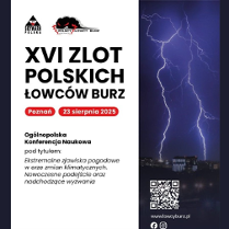 Informacje o XVI zlocie łowców burz, po prawej grafika z dużą błyskawicą uderzającą na tle ciemnego nieba.