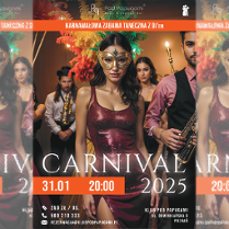 Kobieta i kilka osób w strojach karnawałowych, informacje o zabawie karnawałowej.