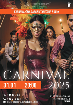 Kobieta i kilka osób w strojach karnawałowych, informacje o zabawie karnawałowej.