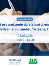 Grafika Promocyjna informująca o szkoleniu pt. Zakładanie i prowadzenie działalności gospodarczej - wprowadzenie do tematu "własnej firmy". Na obrazku jako tło widnieją ręce mezczyzny, który coś zapisuje w zeszycie