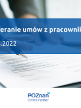 W tle dłoń trzymająca długopis nad umową. Na pierwszym planie tytuł szkolenia: Zawieranie umów z pracownikami, 30.03.2022. Na dole logotyp organizatora: Poznań Biznes Partner.