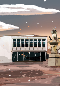 Grafika przedstawia fragment Satrego Rynku w Poznaniu - Galerię Miejską Arsenał, na pierwszym planie pomnik, w tle wieża ratuszowa.