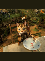 Kot siedzący na krześle i opierający się ramieniem o stół. Przed nim leży talerz.