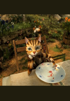 Kot siedzący na krześle i opierający się ramieniem o stół. Przed nim leży talerz.