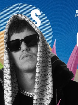 Na zdjęciu artysta w czarnych okularach i chustą na głowie.