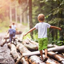 Dzieci idące przez las po położonych na drodze pniach.