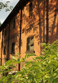 Budynek z czerwonej cegły, otoczony zielenią.