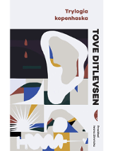 Okładka książki - abstrakcyjna grafika, dominujące kolory to biel, szarość, czerń, żółć, granat. W górnej części tytuł książki, z boku nazwiska autorki i tłumaczki oraz logotyp wydawnictwa.