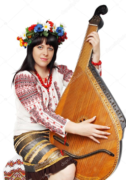 Na zdjęciu kobieta w stroju ludowym grająca na bandurze.