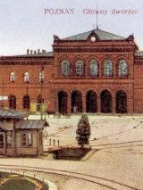 Stara pocztówka z widokiem na Dworzec Główny w Poznaniu.