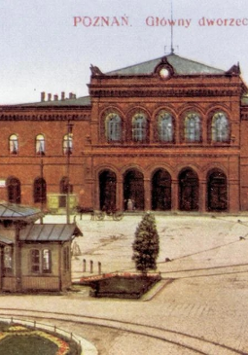 Stara pocztówka z widokiem na Dworzec Główny w Poznaniu.