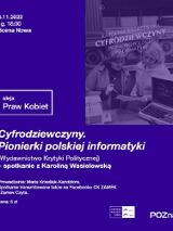 Plakat z okładką książki Karoliny Wasielewskiej "Cyfrodziewczyny. Pionierki polskiej informatyki" wkomponowaną w fioletowe tło.