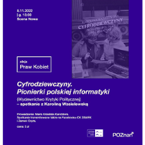 Plakat z okładką książki Karoliny Wasielewskiej "Cyfrodziewczyny. Pionierki polskiej informatyki" wkomponowaną w fioletowe tło.