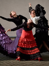 Zdjęcie trzech tancerek flamenco w typowych kobiecych strojach.