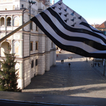 Białoczarna flaga Bretanii powiewająca na tle Ratusza Poznańskiego