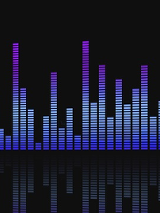 Zdjęcie słupków equalizera zrobionych z prostokącików świetlnych. Różnej wysokości słupki w barwach od niebieskiej przez błękitną do wrzosowej..