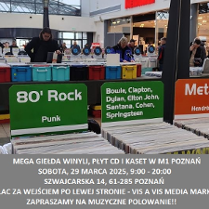 Widok na stoiska z płytami i winylami rozstawione podczas Giełdy Winyli.