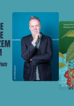 Zdjęcie Tomasza Różyckiego i okładka jego powieści "Złodzieje żarówek". Czarne i białe napisy na seledynowym tle.