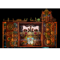 na zdjęciu, na ciemnym tle, widoczne poznańskie koziołki, pod nimi herb Poznania, a po bokach koła zębate mechanizmu zegarowego.