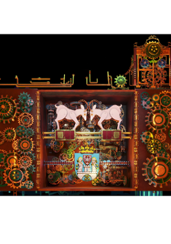 na zdjęciu, na ciemnym tle, widoczne poznańskie koziołki, pod nimi herb Poznania, a po bokach koła zębate mechanizmu zegarowego.