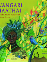 na rysunku na zielonym tle ciemnoskóra kobieta w turbanie na głowie, za nią gałęzie drzewa z kolorowymi liśćmi i ptakami siedzącymi na gałęziach