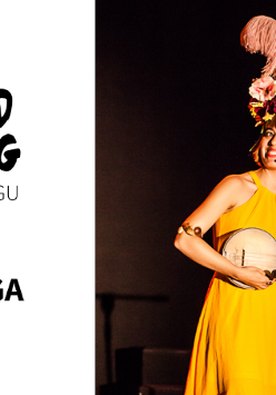 Zdjecie przedstawia Ritę Bragę w żółtej sukience grającą na instrumencie.