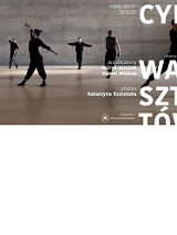 zdjecie przedstawiające tancerzy ubranych w czasrne stroje w ruchu, po prawej stronie grafiki informacje o warsztatach w kolorze białym