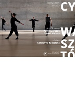 zdjecie przedstawiające tancerzy ubranych w czasrne stroje w ruchu, po prawej stronie grafiki informacje o warsztatach w kolorze białym