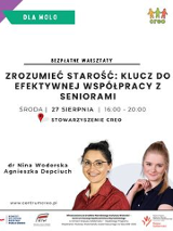 Dwie uśmiechnięte kobiety obok napisy informujące o warsztatach.