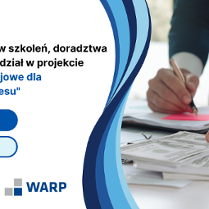 Grafika Promocyjna informująca o szkoleniu pt. Zwrot kosztów szkoleń, doradztwa itp. poprzez udział w projekcie Usługi rozwojowe dla Twojego biznesu. Na obrazku z prawej strony widnieją ręce meżczyzny, który liczy pieniądze