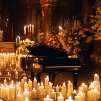 Baner promujący wydarzenie. Nazwa wydarzenia. W tle fortepian i świece.