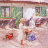 Dzieci bawią się przed domem