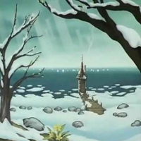 Zima. Wod, dom Muminków, drzewo - wszędzie śnieg.