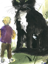 Nieproporcjonalnie duży, czarny kot z zielonymi oczami, siedzący naprzeciwko stojącego tyłem, jasnowłosego dziecka.