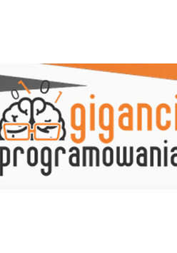 Logo organizatora:Mózg w okularach i napis: giganci programowania.