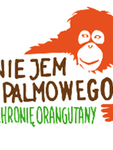 Logo: Orangutan tryzma tabliczkę z napisem: Nie jem palmowego chronię orangutany.