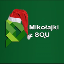 Czapka Mikołaja na wstążce tworzącej wzór geometryczny. Obok napis: Mikołajki z SOU