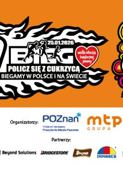 Logotyp Biegu "Policz się z cukrzycą" - na pomarańczowym tle biały logotyp biegu, a z prawej strony kolorowy logotyp całej akcji. Poniżej na białym tle logotypy organizatorów i partnerów