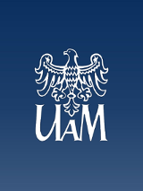 Logotyp KU AZS UAM Poznań - biały orzeł, a poniżej duży biały napis UAM. Wszystko na niebieskim tle